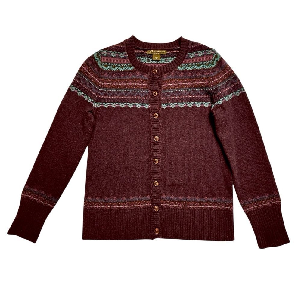 Eddie Bauer Fair Isle Wool Blend Knit Cardigan Sweater Medium Plum Purple Cozy